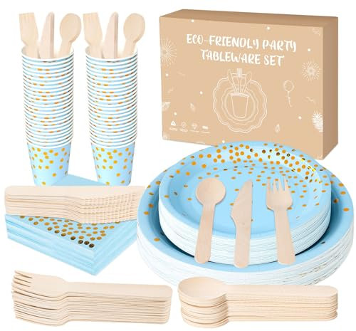 Anstore Platos de papel azul con lunares dorados, 200 unidades, reutilizables, juego de vajilla de fiesta con tenedores, cuchillos, cucharas, servilletas, platos, vasos, 25 invitados, platos de fiesta