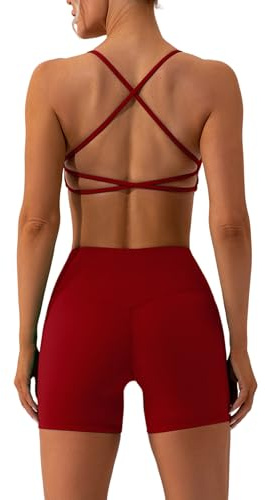 ABOCIW Ensemble d'entraînement 2 pièces pour femme - Soutien-gorge de sport dos nu - Taille haute - Short de motard - Tenue de gymnastique et de yoga, W-Rouge cerise, Small