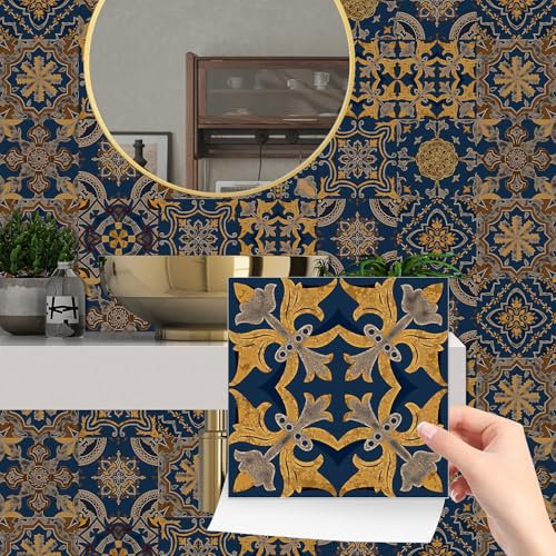 Piastrelle Adesive Cucina 10x10 cm Blu Navy Retro Piastrelle Adesive Bagno Paraschizzi Cucina Impermeabili Pavimento PVC Adesivo Mattonelle Adesive per Mobili Decorazione 24 Pezzi