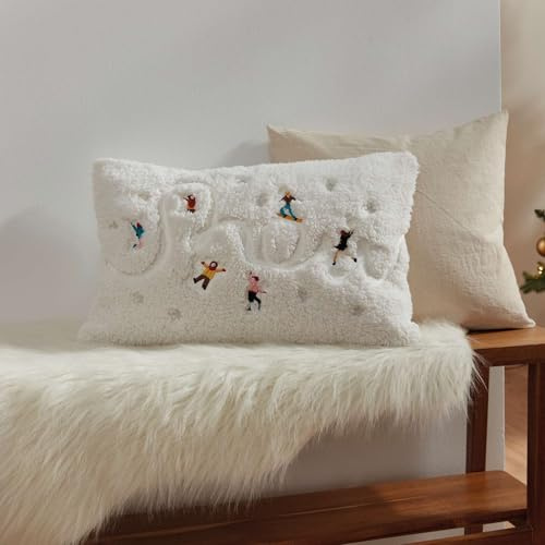 FRANK FLECHTWAREN Kissenhülle Schneespaß, Fleece in Sherpa-Optik, Bestickt, Glatte Rückseite, eingearbeiteter Reißverschluss, 100% Polyester Maße: 50 x 30 cm, ohne Füllung