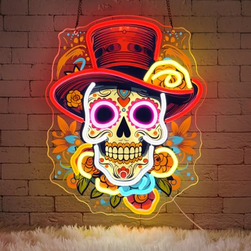 Lxmoneon Tag der Toten Neon Schild, mexikanisches Zuckerschädel LED Neonlicht für Heim und Bardekoration, UV bedruckte Neon Wandleuchte, USB Totenkopf Neon Schild für Halloween Party (rot)