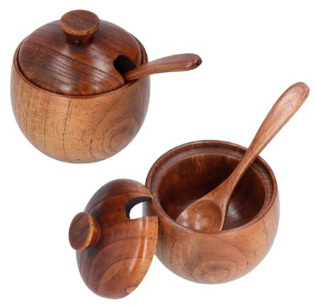 Kukyller Caja de sal de madera de 2 piezas con tapa de cuchara, tarro de sal de madera, recipiente para condimentos, azucarero, tarro para condimentos, bote para condimentos para el hogar,