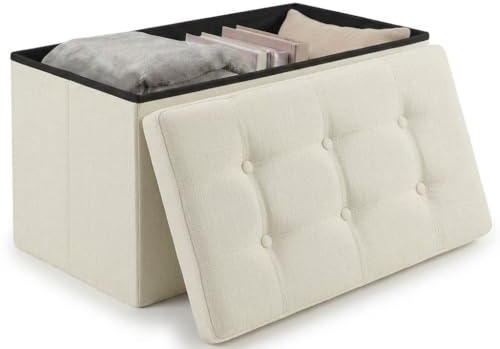 edihome, Puff Almacenaje Plegable, (38 x 76 x 38 cm), Baul, Otomana con Tapa – Banco de Tela Organizador y Asiento para Dormitorio y Pie de Cama (Blanco Marfil, 38 x 76 x 38 cm)