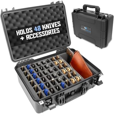 CASEMATIX 48 Folding Knife Storage Case - Waterproof Lockable Knife Organizer for Pocket Knives, EDC Gear & Swiss Army Knives Up to 6 with Accessory Compartment for Sharpeners & Tools