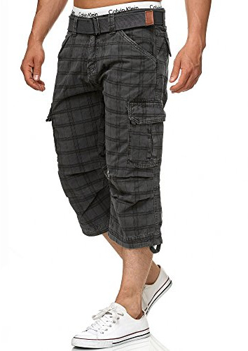 Indicode Herren Nicolas Check 3/4 Cargo-Shorts mit Gürtel aus Baumwolle | Robuste Herrenshorts für Urlaub und Outdoor mit Gürtel, Cargoshorts, Bermudas, Freizeithose, 3/4-Hose, kurze Hose für Männer