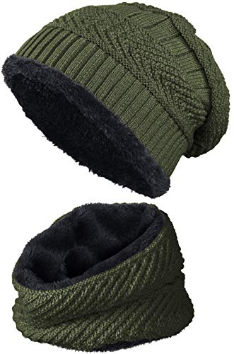 warm gefütterte Beanie + Schal mit Teddy-Fleece Fütterung mit Flechtmuster Wintermütze Einheitsgröße für Damen & Herren Mütze (4A) (Olivgrün/Schwarz)