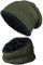 warm gefütterte Beanie + Schal mit Teddy-Fleece Fütterung mit Flechtmuster Wintermütze Einheitsgröße für Damen & Herren Mütze (4A) (Olivgrün/Schwarz)