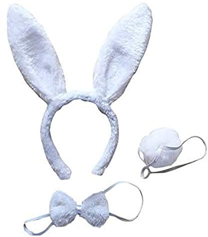 LHKJ Bunny Ohren Haarreif, Bunny Kostüm Frauen mit Ohren, Fliegen, Schwanz, Hasen Cosplay Hasenohren Haarreif, Kaninchen Cosplay Set für Kinder Erwachsene Karneval Party Weihnachten Weiß