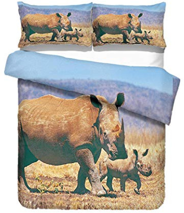 Sticker Superb Bettwäsche Sets 3D Afrika Tier Design Liebe Elefants Nashorn Wildente Mutter und Kind Familie Drucken Mikrofaser Bettbezug Kissenbezug (Nashorn, 200 x 200 cm)