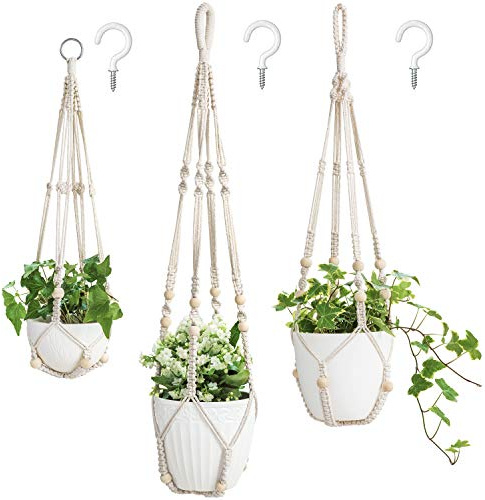 Mkono 3 Pack Macrame Plant Hangers Hanging Planters for Indoor Plants Ivory