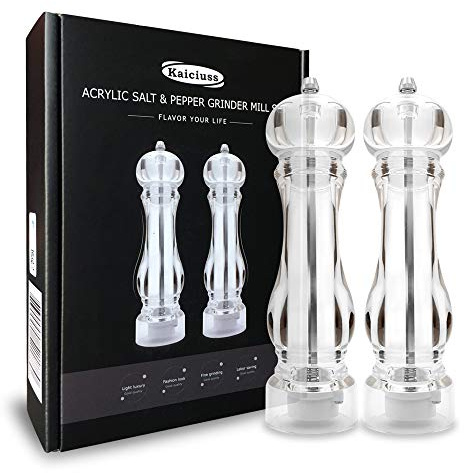 Kaiciuss Salt and Pepper Grinder Mill Set refillable Large, The Best Transparent Acrylic Grinders for Whole Peppercorn and Himalayan Salt