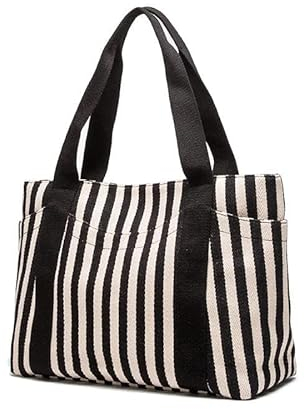YHSHYZH Gestreifte Tragetasche, klassisch, schwarz-weiß, bedruckt, Straße, Alltagstasche mit 7 Taschen, Geschenke für Frauen, weiß, Medium
