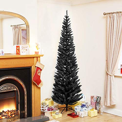 TrendMakers 6ft Black Pencil Slim ChristmasTree - 555 Tips - Metal Stand