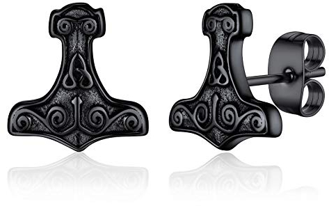 FaithHeart Punk Earrings for Male Vintage Viking Thors Hammer Studs Earring Black Stainless Steel Mjolnir Ear Jewelry Nickle Free