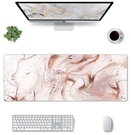 Gaming Mousepad Groß mit genähten Kanten, XXL XL Mousepad Rutschfeste Unterseite, Lange Schreibtischunterlage für Gamer, Büro & Zuhause, 80 x 30 cm, Rosegold Marmor
