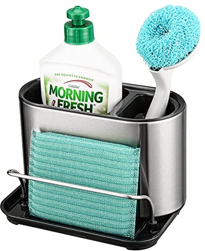 Bingobang Sink Caddy Tidy Stainless Steel,Kitchen Sink Cleaning Organiser with Sponge Holder,Removable Drip Tray,Sliver & Black