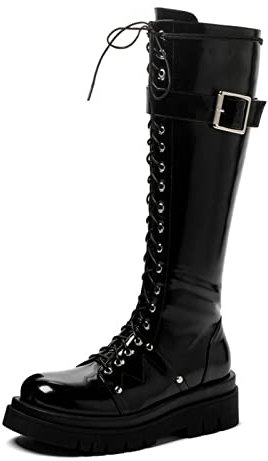 QZPM Stivale Donna al Ginocchio Stringati Stivaletti Alti Militare Biker Anfibi A metà Polpaccio Stivali con Fibbia,Nero,39 EU