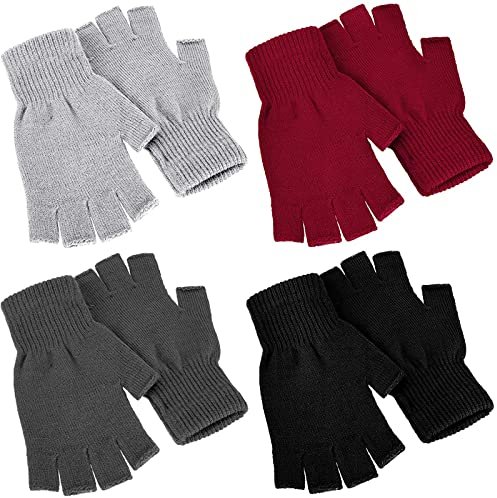 SATINIOR 4 Paar Winter Halbfinger Handschuhe Gestrickte Fingerlose Fäustlinge Warme Dehnbare Handschuhe für Damen und Herren, Schwarz, Rot, Dunkelgrau, Hellgrau, 6.7 x 3.54 inches