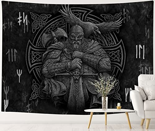 Arsey Wikinger Deko Wandteppich Nordisch Mythologie Odin Warrior Schwert Axt Rabe Kreuzknoten Tattoo Meditation Runen Wandtuch Gobelin Tapisserie Wohnzimmer Schlafzimmer Grau 150cm x 130cm