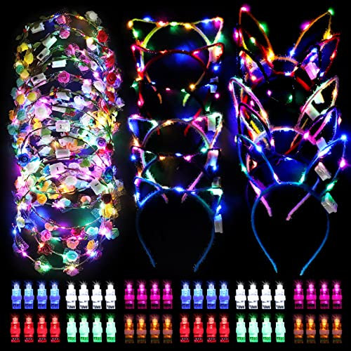 QUERICKY 48 luces de dedo, 12 coronas de flores iluminadas, 6 diademas de orejas de gato, 6 diademas de orejas de conejo, suministros de fiesta que brillan en la oscuridad para cumpleaños, bodas