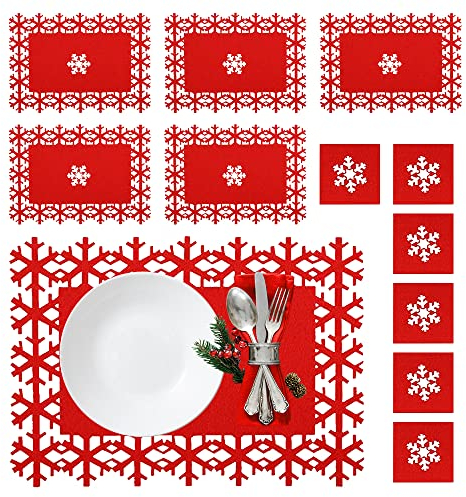 FIGFYOU 6 Tovagliette Natalizie Rosse con 6 Sottobicchieri Natalizi Fiocco di Neve, Set di Tovagliette Sottopiatto Natalizie in Feltro per Feste di Natale, Cena di Nozze (Rosso)