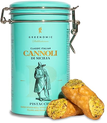 Greenomic - Cannoli-Siciliani - 200g - ideal als Geschenk - gefüllt mit zarter Pistazien-Cremefüllung - einzeln verpackt in charmanter Geschenkdose - italienisch-sizilianisches-Gebäck