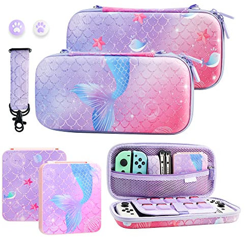 GLDRAM Meerjungfrauenschwanz Tragetasche für Nintendo Switch & OLED, Zubehörpaket mit tragbarer Reisehülle, lila Spielkartenetui, verstellbarer Schultergurt und 2 niedliche Daumenkappen