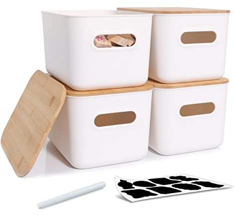 Bienvoun 4 PCS Storage Boxes with Wood Lids Plastic Storage Containers for Kitchen Bathroom Organizing Stackable Storage Box with Handle 6.5L