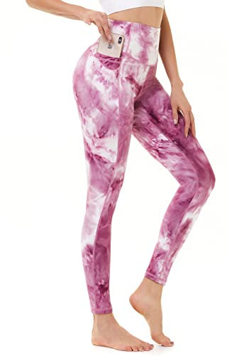 AMYTIS Sport Leggings Damen High Waist Yogahose mit Taschen Lang Sporthose Blickdicht Leggins Fitness Bunt Sportleggins,M Rot