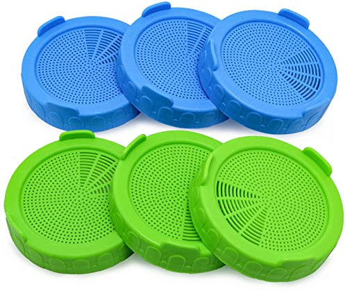 GDFYMI Sprouting Lids for Wide Mouth Mason Jars, Plastic Canning Jar Strainer Lids, Mason Jar Pour Spout Lid, Bean Screen Microgreens Growing Kit Suit for Grow Bean Sprouts (86mm, 3 Green + 3 Blue)