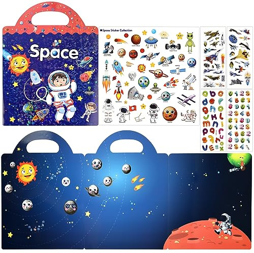 ASTARON Reusable Puffy Sticker Book,88 pcs Space Stickers Educational Toy | 88 pcs Reusable Sticker,Waterproof Jelly Stickers, Portable Travel Toys,Educational Sensory Learning Toy,Gift for Boy Girl