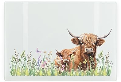 Highland Cows Small Glass Worktop Saver - Tempered Glass Chopping Board - Kitchen Heat Resistant Cutting Board Worktop Protector with Non-Slip Feet 28.5cm x 20cm (11 x 8)