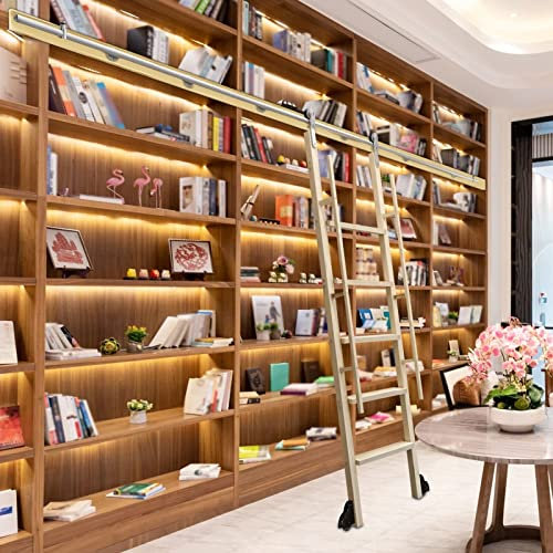 Sliding Ladder Hardware Full Set Library Rolling Ladder Track Kit, Stainless Steel Rolling Library Ladder Rail Track, Bookshelf/Bar/Closet Rolling Ladders Set, With Floor Roller Wh