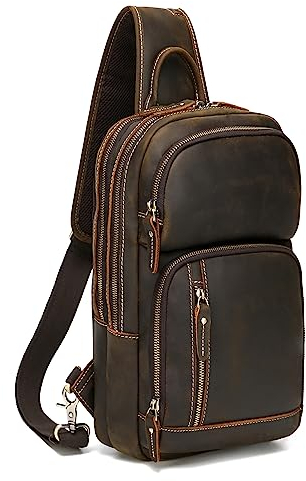 LANNSYNE Umhängetasche aus Vollnarbenleder für Herren, Crossbody-Tasche für 32,8 cm (12,9 Zoll) große iPad-Crossbody-Brusttasche, Tagesrucksack, Braun für 12,9 Zoll iPad, Medium, Casual