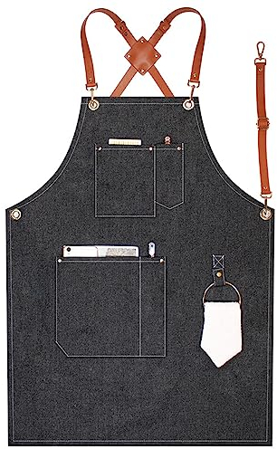Denim-Schürze,verstellbare Multifunktionsarbeit Schürze Mit Taschen, Arbeitsschürzen Für Herren, Für Barber Handwerker Gärtner Hair-Stylist Barista Tischler Holzarbeiter Grill Werkstatt,58x80cm,Black