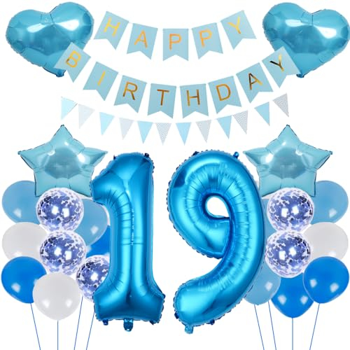 ZWWsullo Geburtstagsdeko Blau Zahl 19 für Jungen und Mädchen - Luftballon-Zahl Riesen Folienballon Dekoration Set
