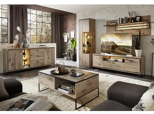 Lomadox Wohnmöbel Set Wohnwand inkl. Beleuchtung braun 5-teilig Modern, 1 Couchtisch, 1 Vitrine, 1 Sideboard, 1 Lowboard, 1 Wandboard