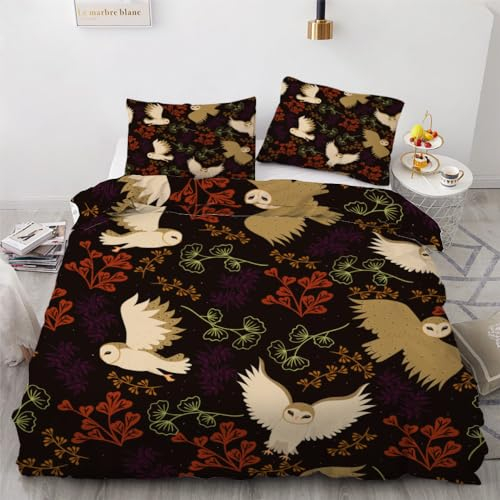 ROUSKI Bettwäsche Eule 155x220 cm 3teilig 100% Leicht Mikrofaser Bettbezug Kawaii Tiere Wendebettwäsche mit Reißverschluss 3D Motiv Zimmer Dekor Bettwäsche-Sets mit 2 Kissenbezüge 80x80
