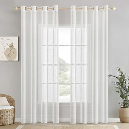 EMEMA Voile Vorhang Sheer Leinenvorhang Transparente Leinen Gardinen Ösenschal Wohnzimmer Wohnzimmer Modern 2er Set Fensterschal Dekoschal Schlafzimmer mit Ösen 140 x 245cm (B x H) Weiß