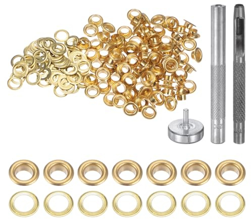 QUARKZMAN Kit de Herramientas de Ojales de Cobre 4.5 mm Tono Dorado 100 Pcs | con Punzón Hueco, Herramientas de Instalación de Ojales para Ropa, Cuero, Tela, Cinturones