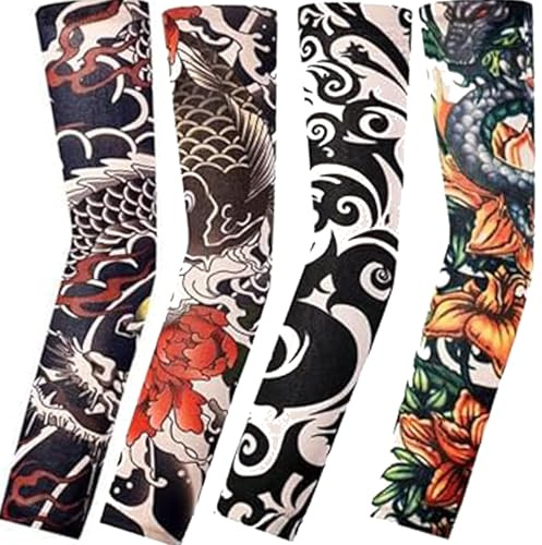 Yeesabella 4 Stück Arm-Tattoos für Männer und Frauen, Unisex, Party, Tribal-Totem-Tattoos, Ärmel für Outdoor, Radfahren, Basketball, Sonnenschutz, Nylon, Stretch, bunt, Nicht, non