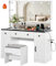 Redlife - Tocador victoriano con 3 cajones y 2 armarios, tocador con tapa de cristal, soporte para secador de pelo, iluminación y taburete, 110 x 147 x 40 cm, color blanco, nogal