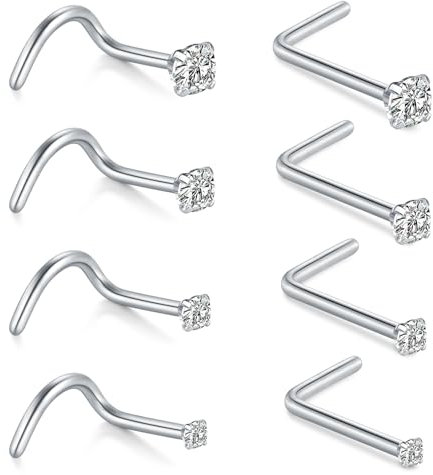 AceFun piercing nez,8 pièces 22G piercing nez connecteur boulon connecteur nez forme L acier inoxydable diamant petit connecteur nez pour hommes femmes tire-bouchon anneaux nasaux piercing boulon