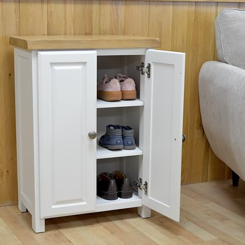 GROF GROFurniture White Shoe Storage Cabinet Painted, Ready-Assembled Hallway Organizer with Oak Top & Adjustable Shelves | Wooden Entryway Cabinet for Shoes | Modern Farmhouse Style