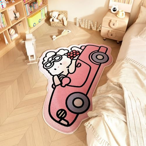 Cartoon Rug Kids Playmat Brown Pink Bedroom Children Crawling Carpet Non-slip Washable Gaming White Non Slip Soft Rugs for Living Room Nursery Playroom Area Rugs Lion Rabbit (Pink, 50x120cm)