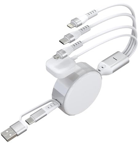 4 in 2 Multi Ladekabel einziehbar für Apple Watch Ladegerät - 100W USB A/USB C einziehbar Multi Ladekabel mit Lightning/Typ C/Micro/iWatch Kabel für alle iPhone iPad MacBook iWatch, 4Ft