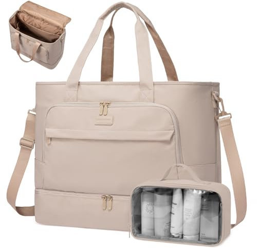 LOVEVOOK Reisetasche Damen, 45L Große Öffnung Carry on Bag Overnight Bag, Wasserdicht Travel Bags Kliniktasche mit Schuhfach & Nassfach, Handgepäck Tasche für Fitness Urlaub Camping, Hellkhaki