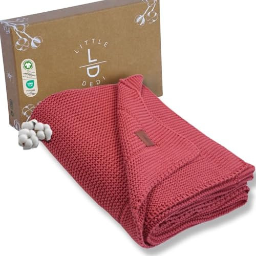 Little Dedi Strickdecke aus 100% Bio-Baumwolle GOTS Zertifizert, 80x100 cm. Koralle - Atmungsaktiv, Temperatur regulierend, in eleganter Geschenkbox für Babys