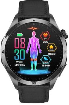 Knauermann PRO 3 Fan Edition rund (2025) Schwarz, Gesundheitsuhr Smartwatch mit Telefoniefunktion, EKG Plus HRV und SOS Funktion, BT Bluetooth, Schlafapnoe, Leder Schwarz, 14-24