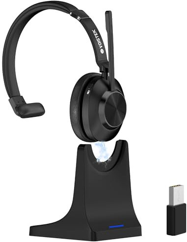 Voistek One-ear Wireless Headset with Microphone Noise Cancelling,Mono Bluetooth Headset with USB Dongle & Charging Dock,50H Battery,Mute Function for Office,PC,Laptop,Skype,Zoom,Teams,Call Center